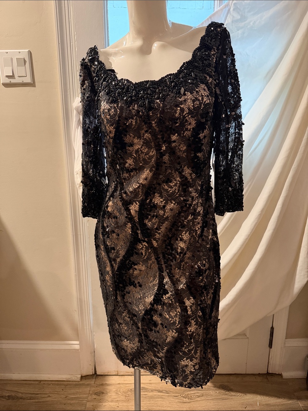 Mac Duggal Black Lace & Nude Illusion Long Sleeve Cocktail Dress